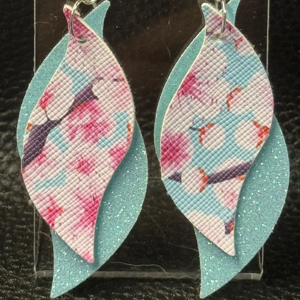 Floral Blue and Pink Faux Leather Earrings - Picture 1 of 1